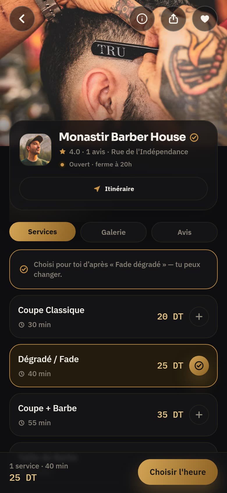 La page d'un salon avec ses prestations et ses prix