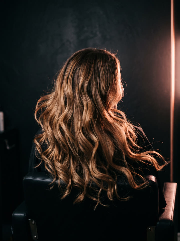 Balayage caramel de dos, ondulations dans une lumière cuivre