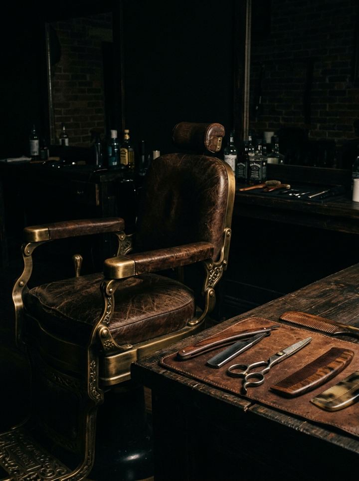 Fauteuil de barbier et outils, nature morte laiton sur onyx