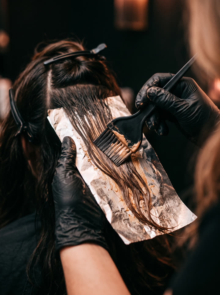 Mains de coloriste, balayage posé au pinceau sur papillote