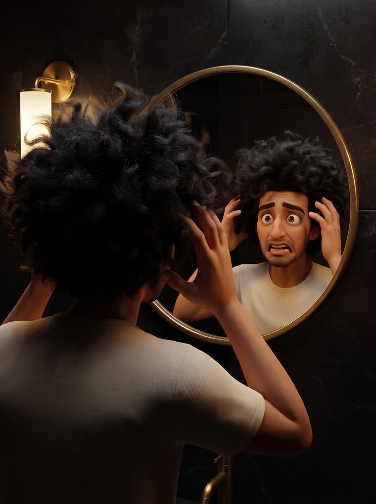 Amine découvre sa tignasse dans le miroir de la salle de bain, grimace de panique